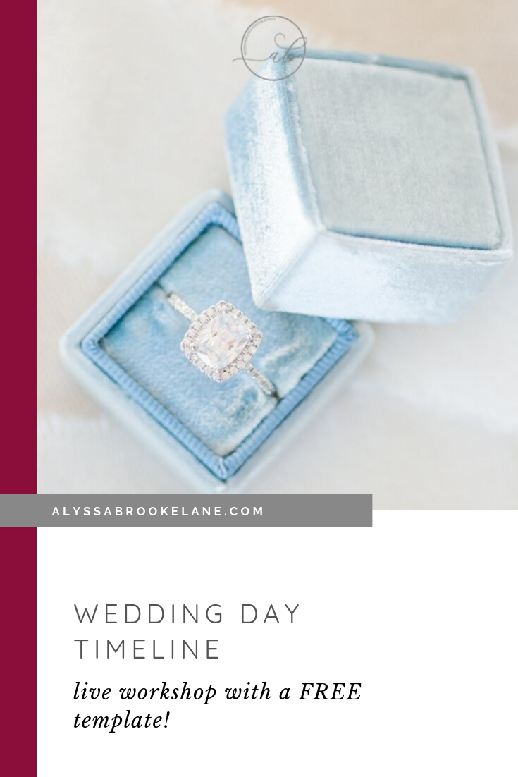 Blue Velvet ring box with gorgeous cushion cut diamond with halo, pin for the live wedding day timeline workshop